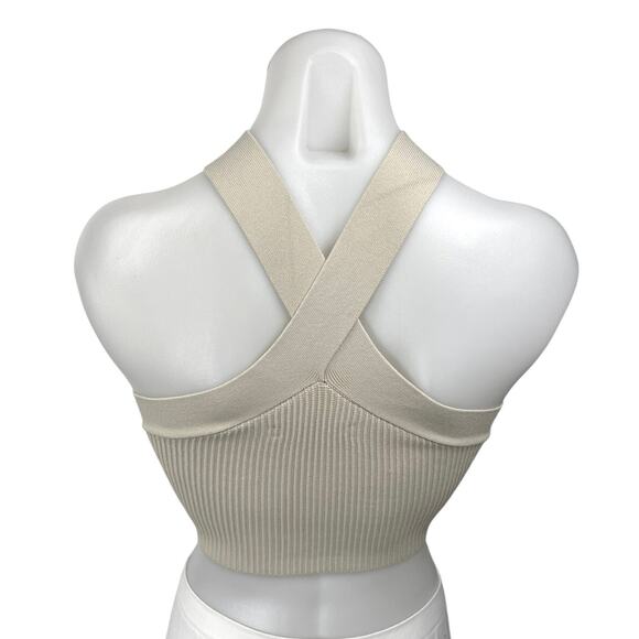 Aritzia Babaton Sculpt Beige Ribbed Knit Criss Cross Sleeveless Crop Tank Top XS - Picture 6 of 10